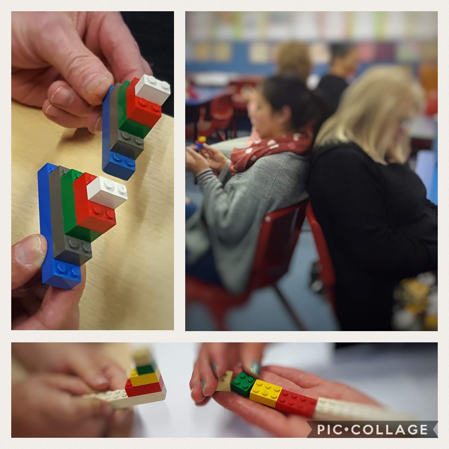 three images showing two people sitting back to back making a model with lego pieces. one image shows two models the same, the other shows two completely different models