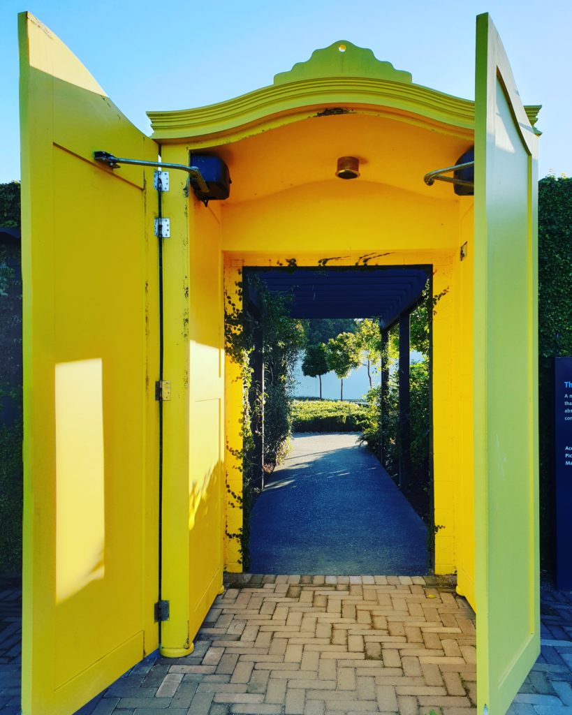Yellow doors wide open lead to a garden beyond